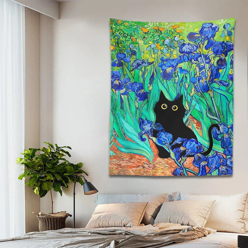 Afralia™ Irises Cat Tapestry: Van Gogh Inspired Black Cat Art & Floral Print