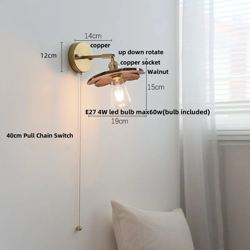 Afralia™ Nordic LED Wall Light Sconce Walnut Wood Copper Pull Chain Switch