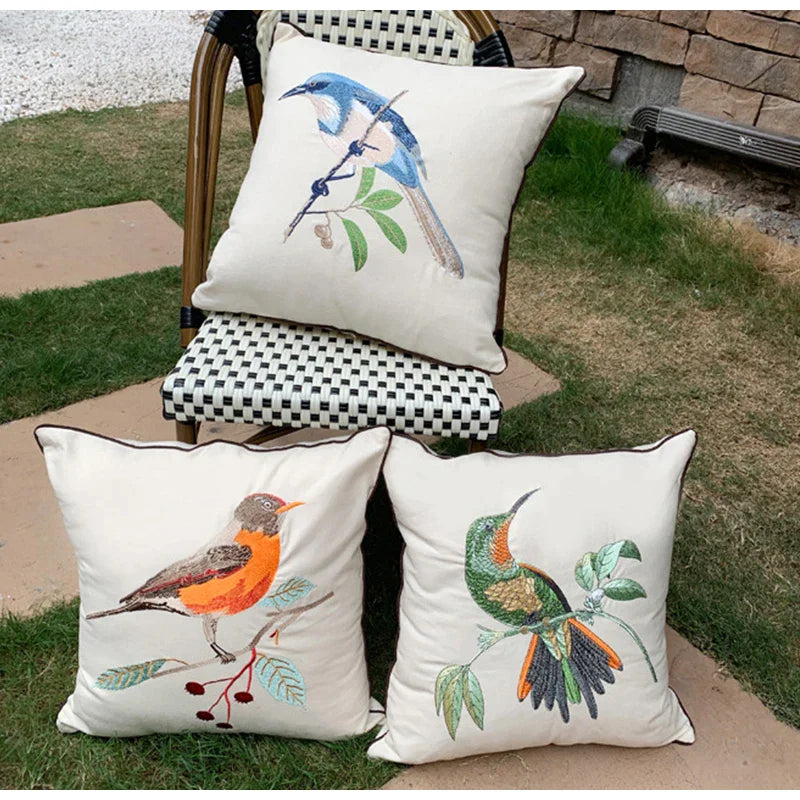 Afralia™ Embroidered Sparrow Bird Pillow Cover - Rustic Farmhouse Decor, 45x45cm