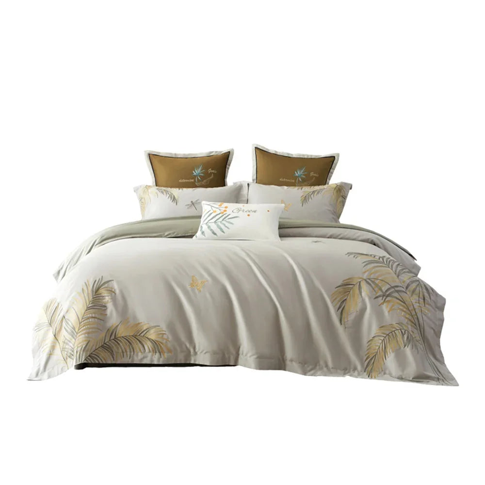 Afralia™ Pink Satin Jacquard Lotus Duvet Set 4Pcs Queen King Bedlinens