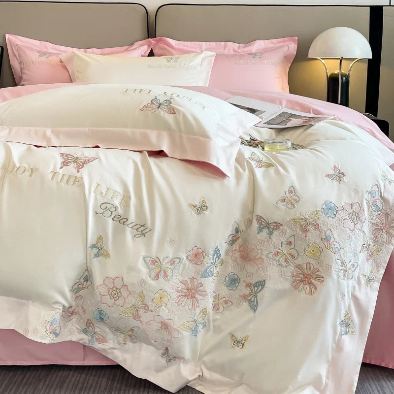 Afralia™ Luxury Butterfly Flowers Embroidery White/Pink Bedding Set