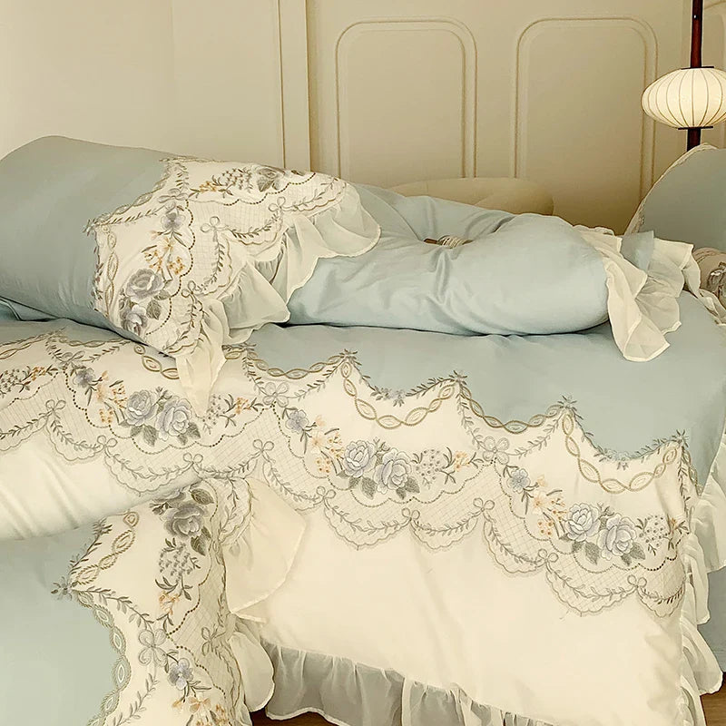Afralia™ Romantic French Princess Bedding Set with Rose Embroidery & Ruffles
