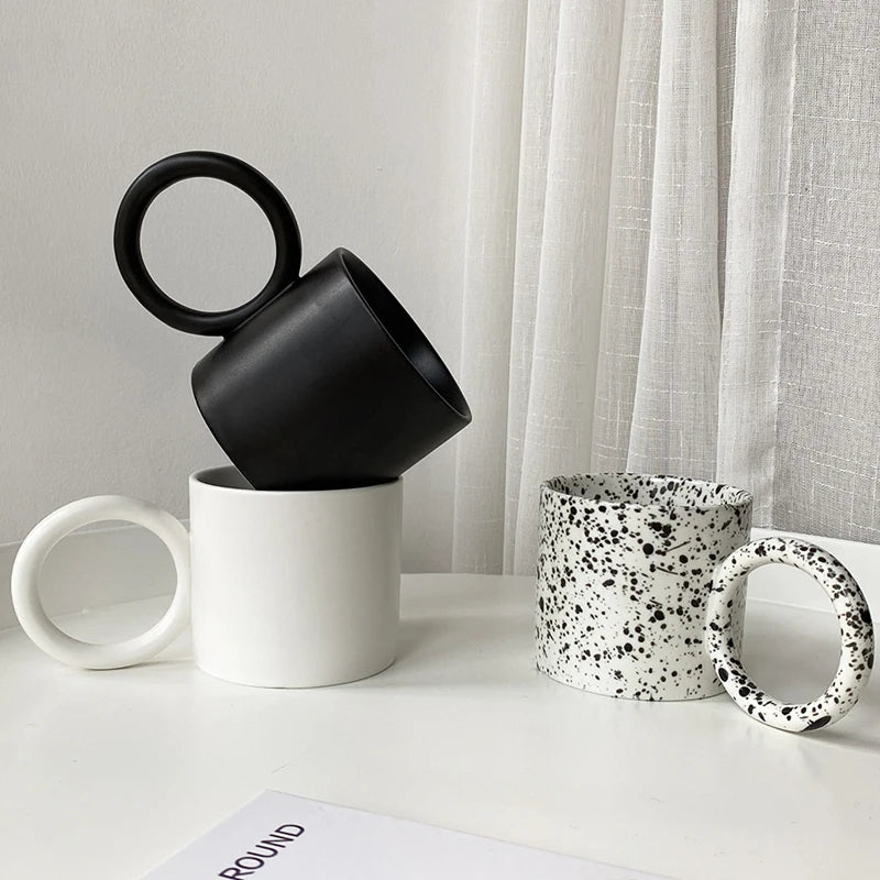 Afralia™ Ceramic Circle Handle Mugs - White Black Splash-ink Design