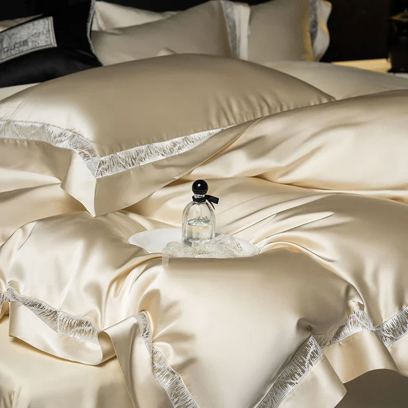 Afralia™ Luxe Brocade & Egyptian Cotton Bedding Set with Hollow Lace Edge