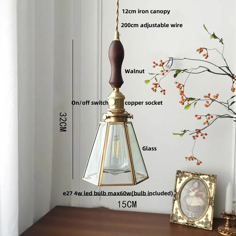 Afralia™ Walnut Wood LED Pendant Light Fixture Hand Stitched Glass Hang Lamp
