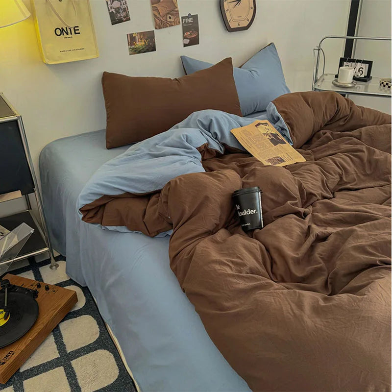 Afralia™ Two-Tone Washed Cotton Bedding Set Soft Duvet Cover for Student Dorm Home