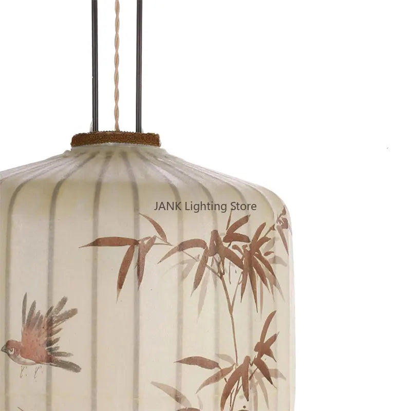 Afralia™ Bamboo Leaf Pattern Lantern Pendent Lamp - Hand-painted Japanese Style Room Decor