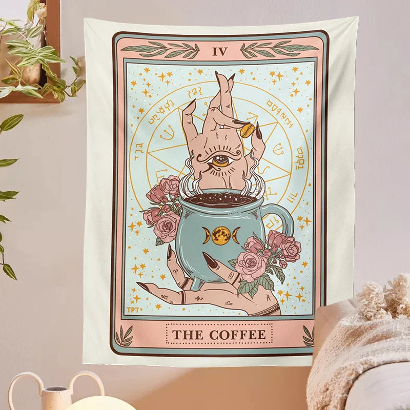 Afralia™ Coffee Tarot Tapestry Wall Hanging Moon Phase Room Decor