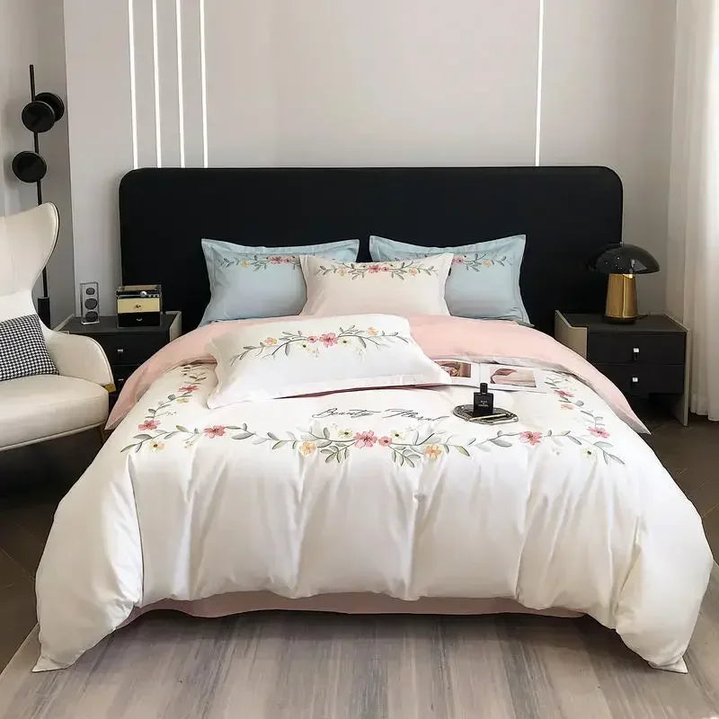 Afralia™ Flower Embroidery Cotton Duvet Cover Set, Queen/King Size Bedding Set with Sheets