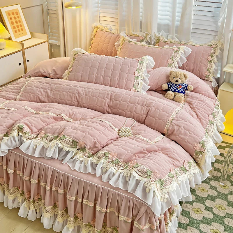 Afralia™ Korean Princess Bedding Set: Flowers, Lace, Ruffles, Embroidery, Quilted, Duvet Cover, Bedspread
