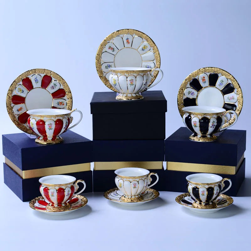 Afralia™ Embossed Gold Bone China Tea Cup Saucer Set, German Design Drinkware