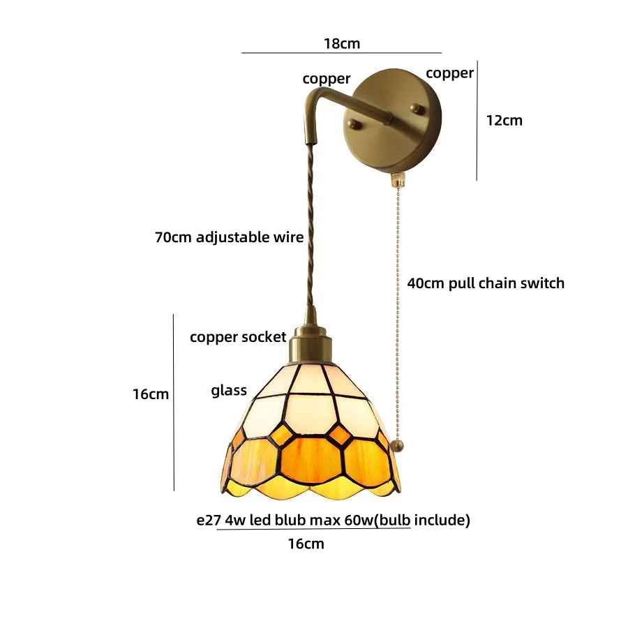 Afralia™ Tiffany Glass LED Wall Sconce | Adjustable Wire Fixture | Modern Pull Chain Switch