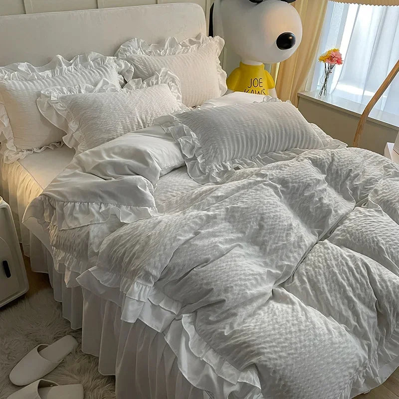 Afralia™ Double-Layer Lace Bubble Cotton Bedding Set - Soft Skin-Friendly Bed Linens