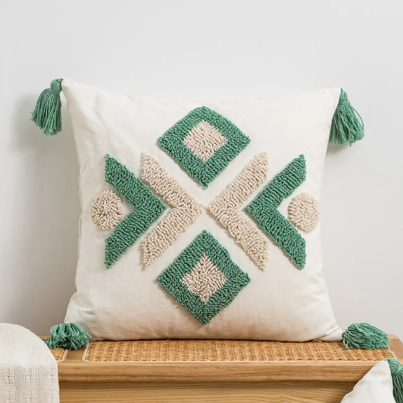 Afralia™ Tufted Geometric Pillow Cover Green Brown Ivory Boho Style Tassels 45x45cm 30x50cm