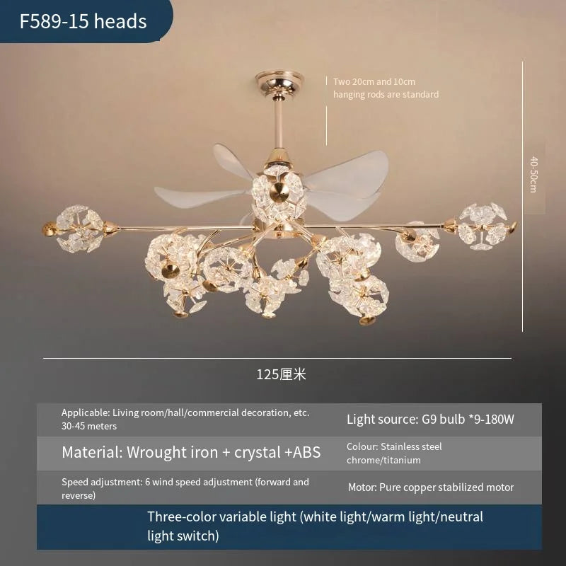 Afralia™ Crystal Chandelier Ceiling Fan with LED Light and Retractable Blades