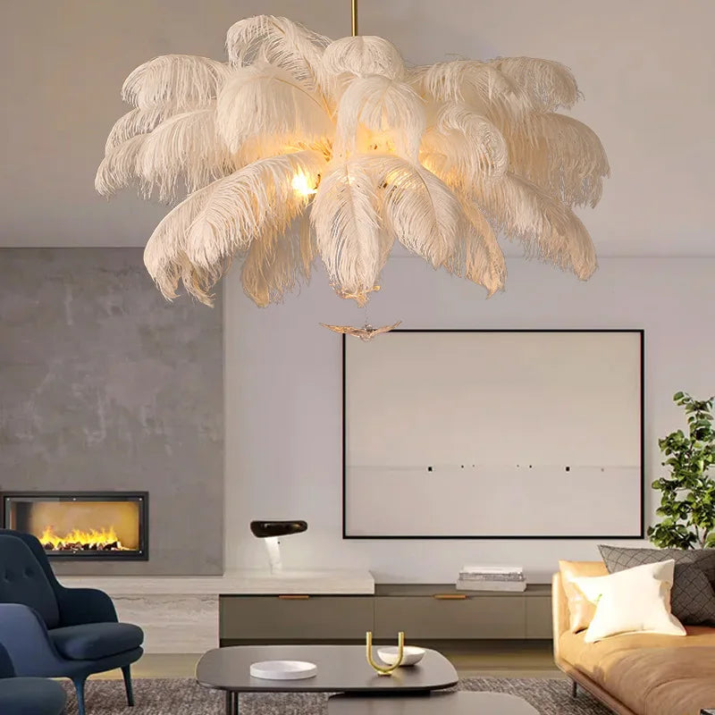 Afralia™ Ostrich Feather Gold Chandelier Lighting: Nordic Style Rod Hanging LED Chandelier for Living Room