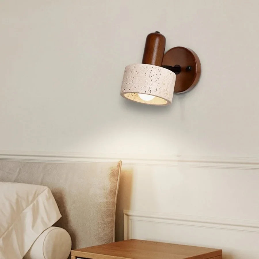 Afralia™ Yellow Travertine Stone Natural Wood LED Wall Light Bedside Lamp