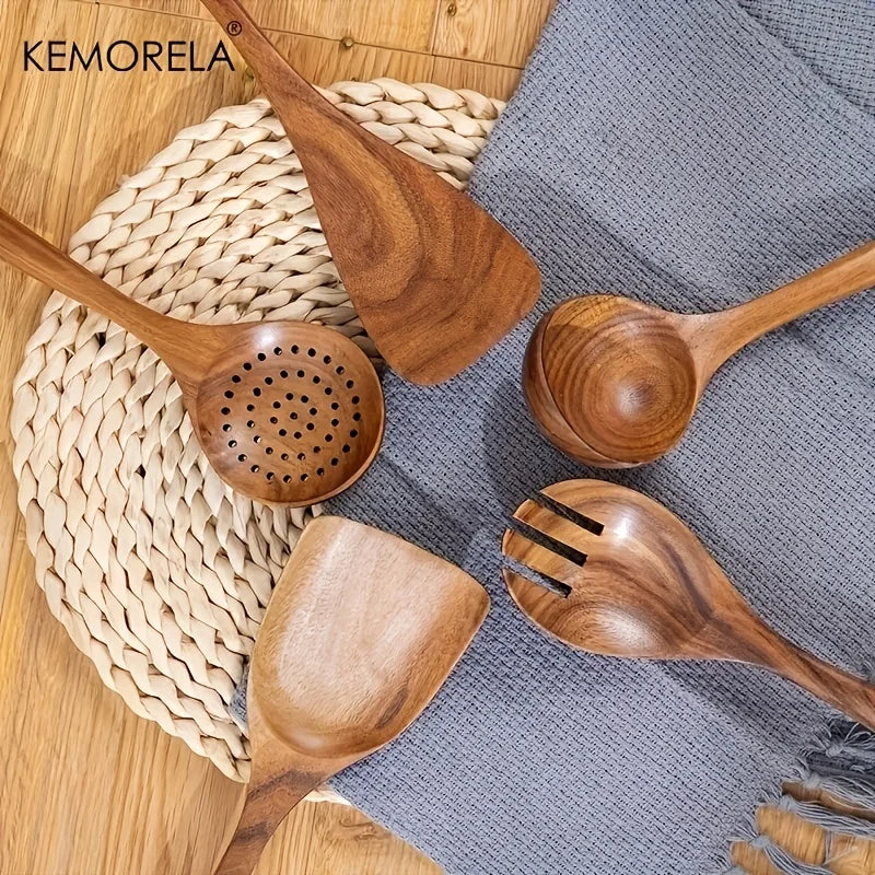 Afralia™ 5-Piece Natural Wooden Tableware Set | Kitchen Cookware Utensils