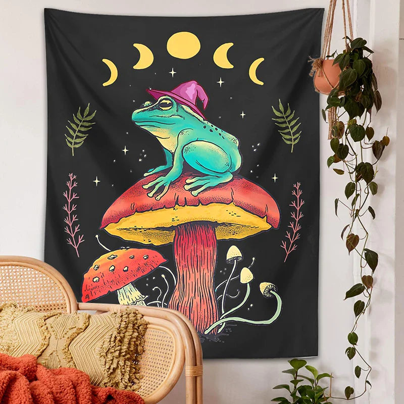 Afralia™ Frog on Mushroom Tapestry Wall Hanging: Aesthetic, Magic, Wizard, Cottagecore, Boho, Hippie, Moon Phase