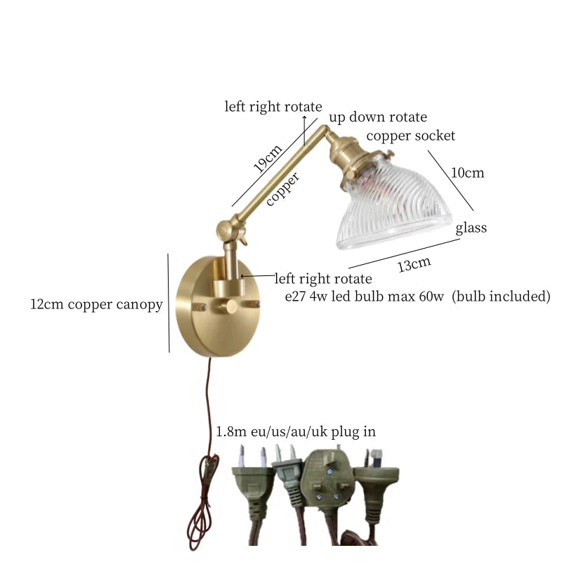 Afralia™ Vintage Brass Glass LED Wall Light with Pull Chain, Left Right Rotate Mirror Design