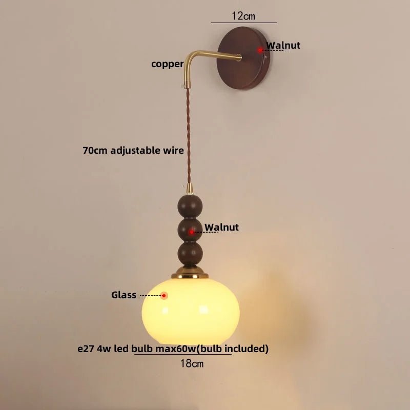 Afralia™ Modern LED Walnut Wood Wall Lights with Glass Shade & Pull Chain Switch