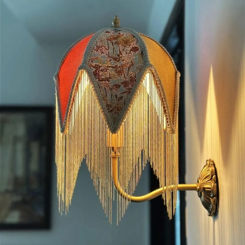 Afralia™ Fabric Tassel LED Wall Lamp Vintage Copper Arm for Bedroom Living Room