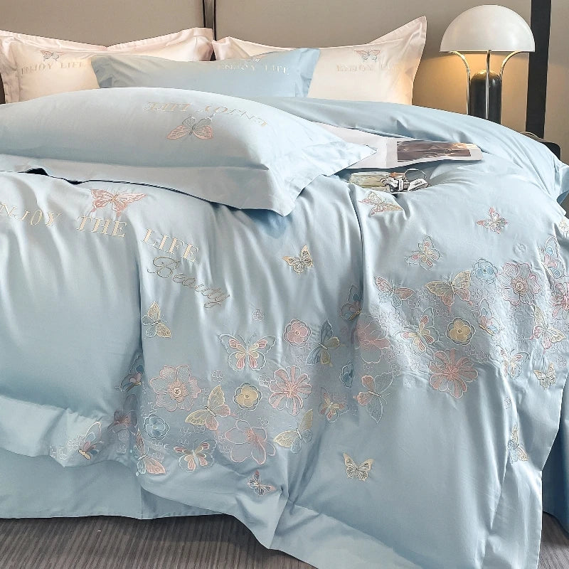 Afralia™ Luxury Butterfly Flowers Embroidery White/Pink Bedding Set