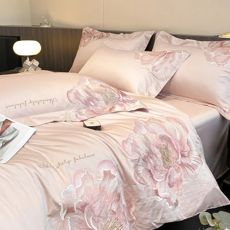 Luxury Flowers Embroidery Bedding Set by Afralia™: Duvet, Sheet, Pillowcases 4Pcs
