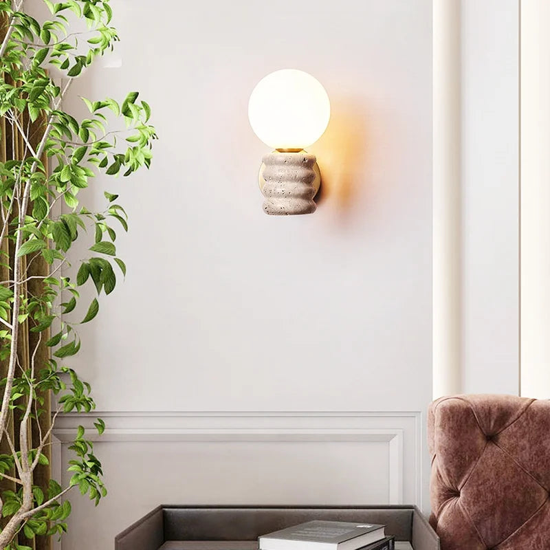 Afralia™ Japanese LED Wall Lamp, Pull Chain Switch, Yellow Travertine Glass, White Shade