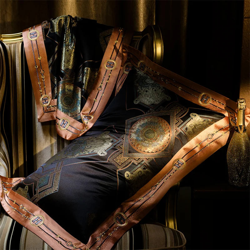 Afralia™ Luxury Black Gold Brocade Jacquard Cotton Bedding Set