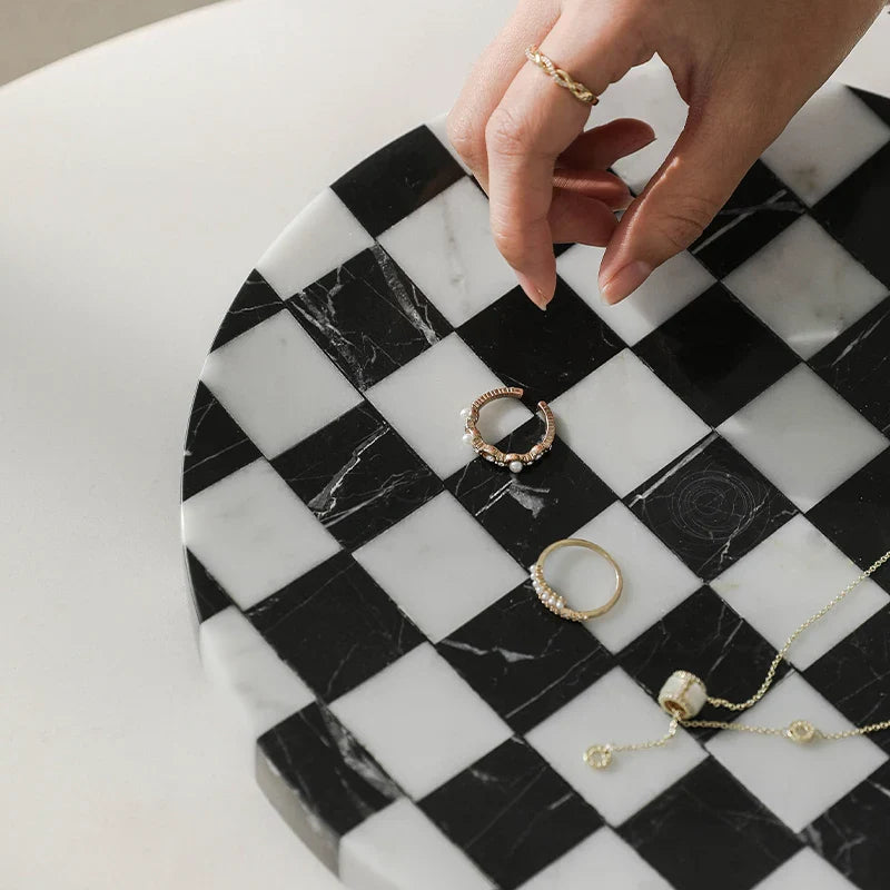 Afralia™ Marble Chessboard Print Tray: Nordic Style, Black & White, Luxury Stone Ornament