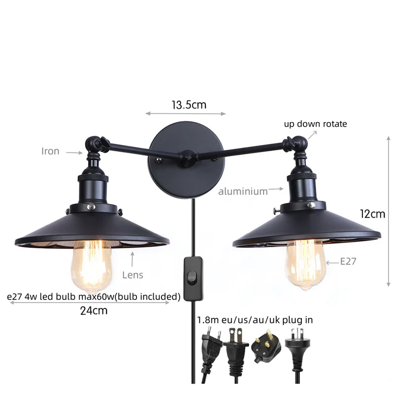 Afralia™ Vintage Gold Industrial Wall Lights with Pull Chain Switch and 2 Heads