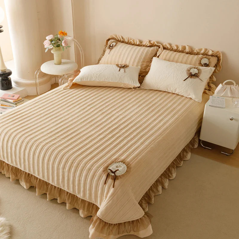 Afralia™ Velvet Lace Ruffles Quilted Bedding Set with Pillowcases