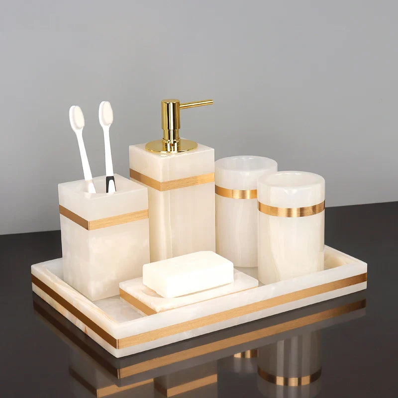 Afralia™ White Onyx Marble Bathroom Set Gold Luxury Soap Dispenser Toothbrush Holder