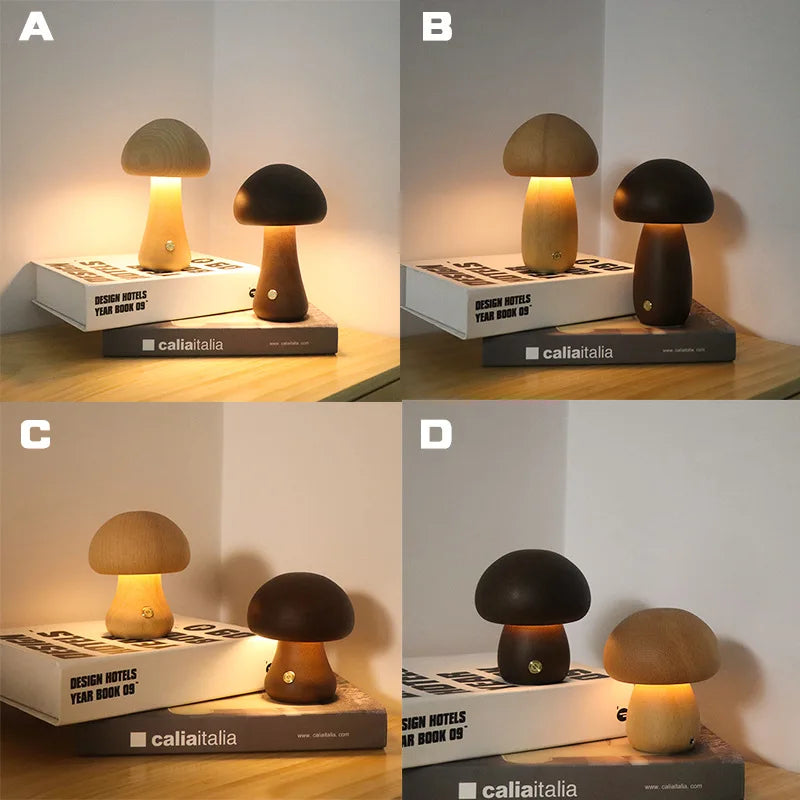 Afralia™ Wooden Mushroom USB Night Light with Adjustable Touch Sensor LED Lamp