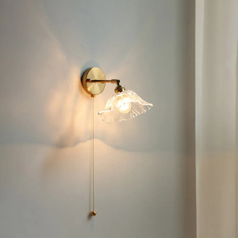 Afralia™ Glass Shade LED Wall Light with Pull Chain Switch - Plug-In Bedroom Lamp