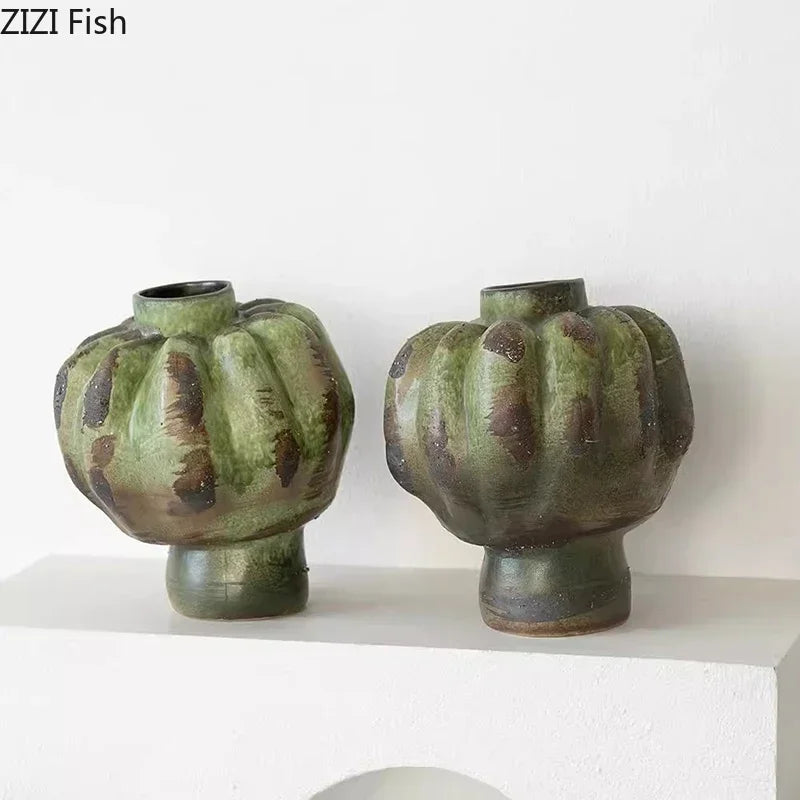 Afralia™ Green Vintage Ceramic Vase Flower Arrangement Table Decoration Room Aesthetic Decor