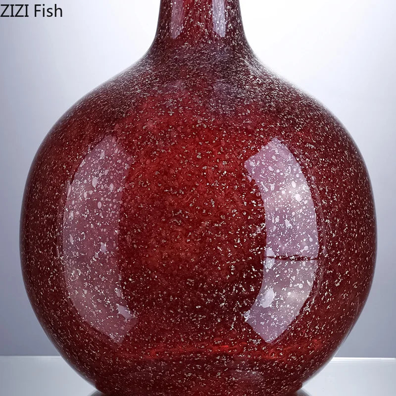 Afralia™ Gilded Red Glass Vase with Artificial Flowers - Modern Desk Decor