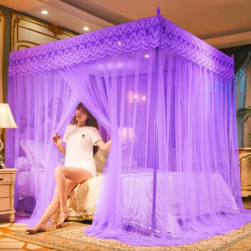 Afralia™ Mosquito Net Canopy for Queen Double Bed - Lace Pleated Embroidery Square