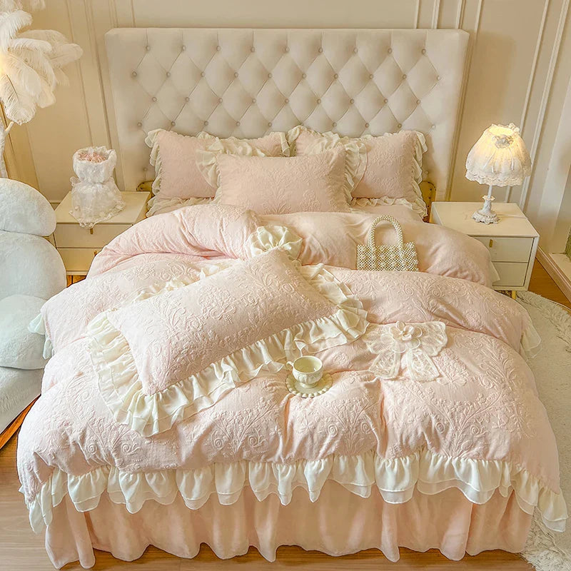 Afralia™ Pink Velvet Princess Bedding Set with Lace Ruffles and Bow Accents