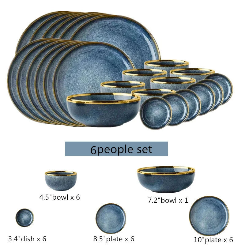 Afralia™ Blue Gradient Ceramic Plate Set - Elegant Dinner & Dessert Plates, Salad Soup Bowl - Luxury Tableware