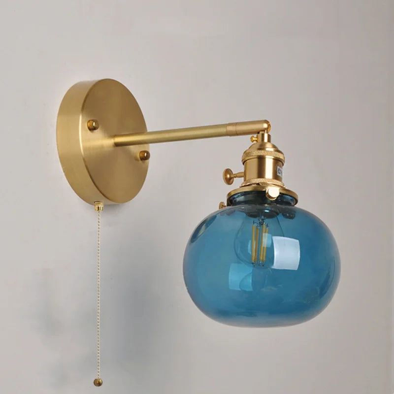 Afralia™ Blue Glass LED Wall Lamp Vintage Pull Chain Stair Light Fixtures