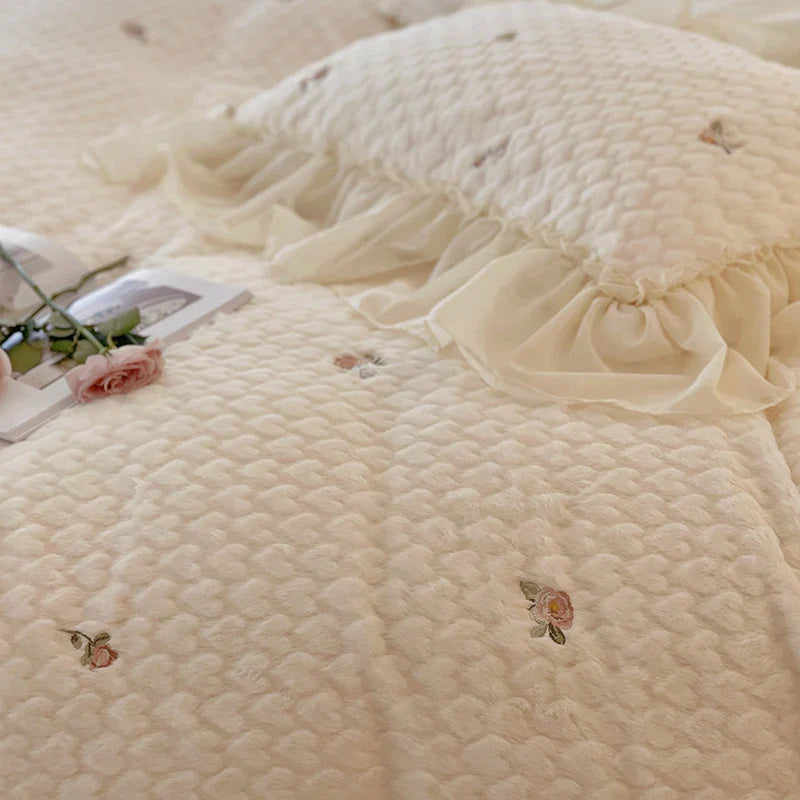 Afralia™ Rose Flower Lace Ruffles Bedding Set with Plush Velvet Fleece Material