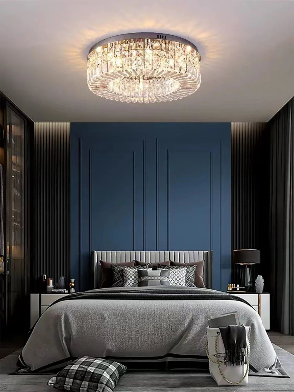 Afralia™ Round LED Crystal Chandelier Gold/Silver Luxe Ceiling Light Fixture for Bedroom