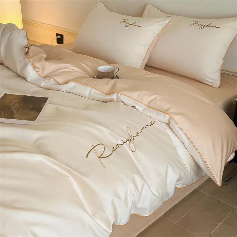 Afralia™ Pure Cotton Luxury Embroidery Bedding Set - Nordic Solid Color Duvet Bedclothes
