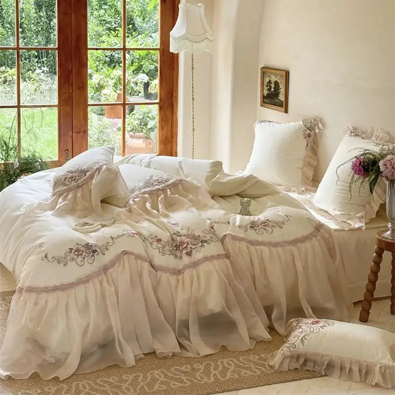 Afralia™ Elegant Flowers Embroidery Lace Princess Wedding Bedding Set - 1200TC Cotton Duvet Cover