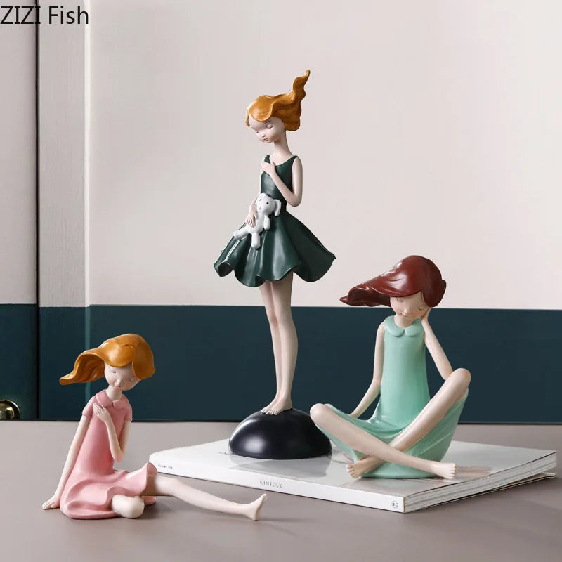 Afralia™ Cartoon Girl Resin Sculpture Desk Decoration Room Ornament Artifacts