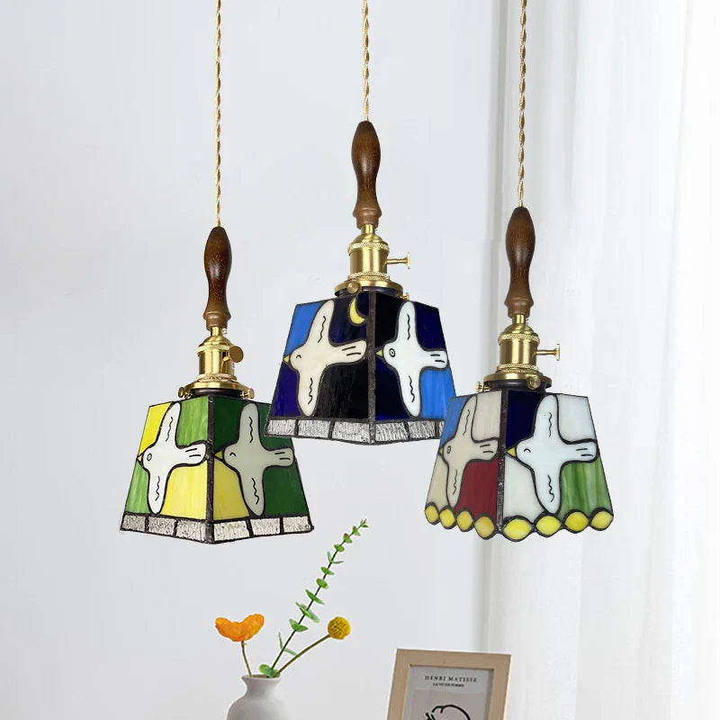 Afralia™ Peace Dove Tiffany Style LED Pendant Lamp - Colorful Glass, Copper Knob Switch