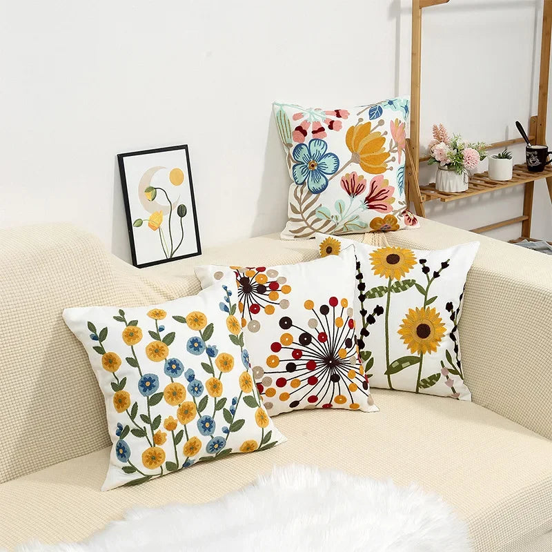 Afralia™ Floral Embroidered Cotton Canvas Pillow Cover for Countryside Home Decor