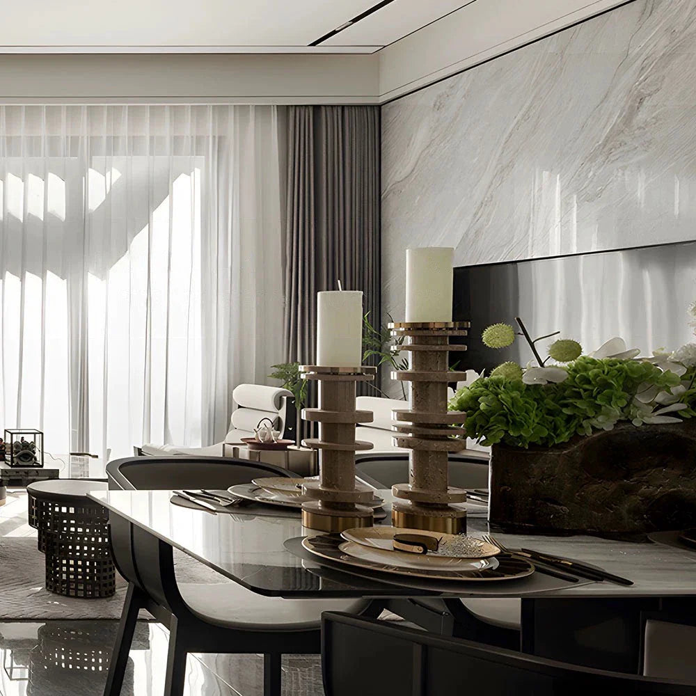 Afralia™ Beige Brown Travertine Marble Candle Holder with Metal Base